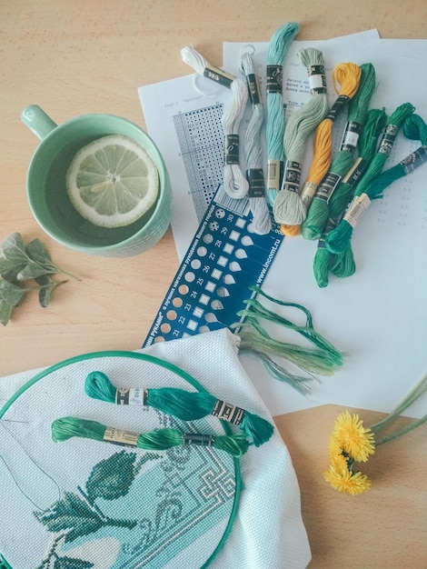 Workspace with embroidered cloth and tools